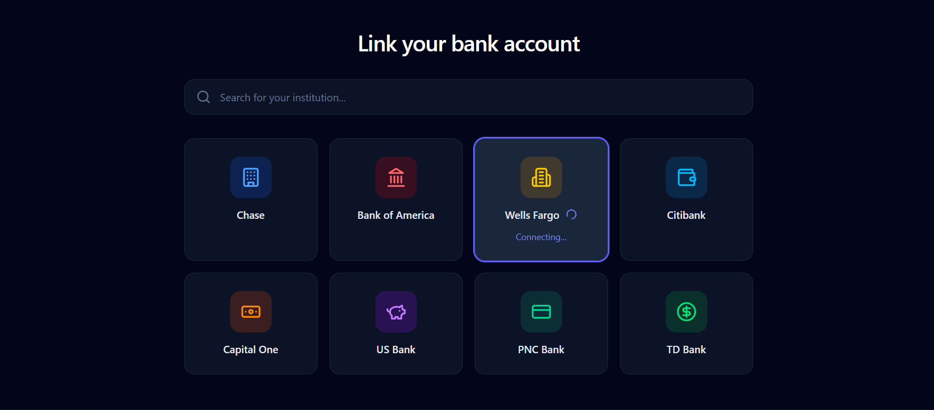 Connect your accounts Interface showing secure account connection process