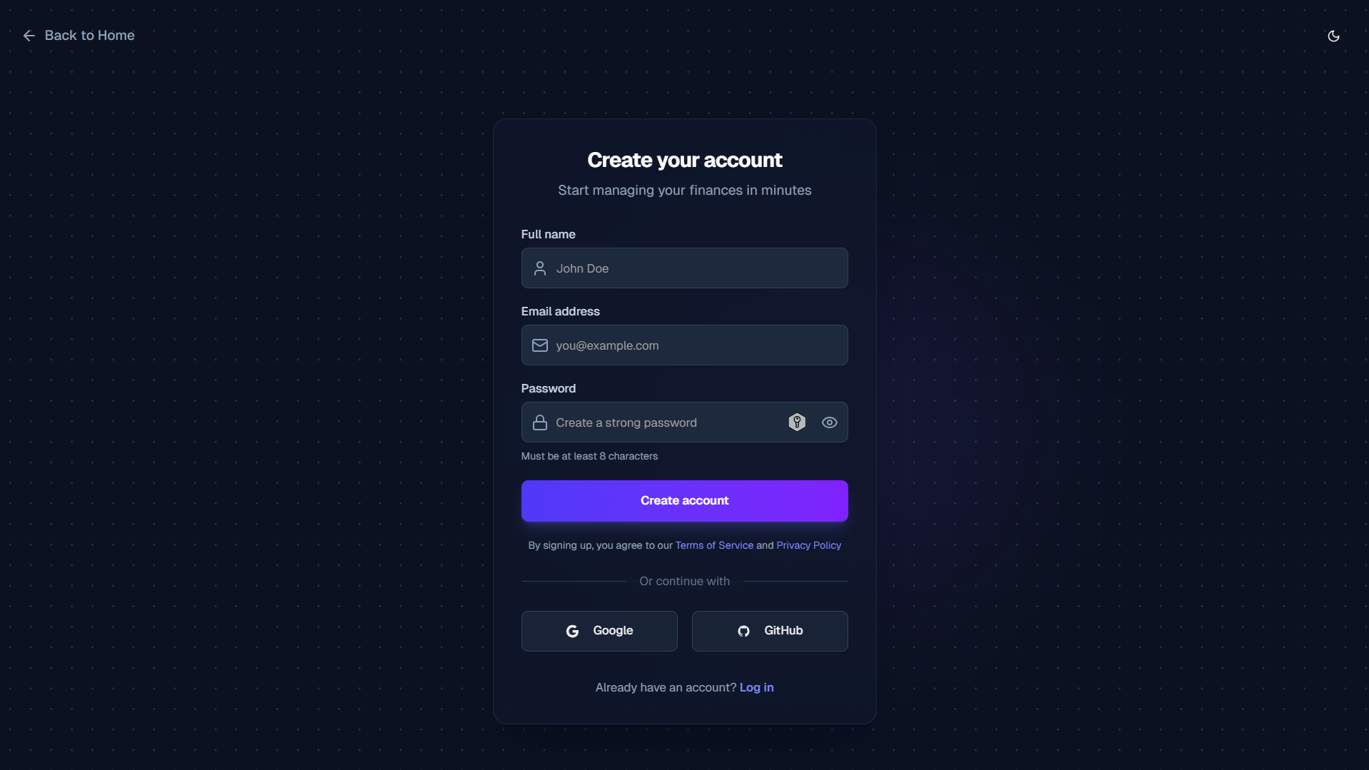 Create your account Account creation screen showing simple signup form